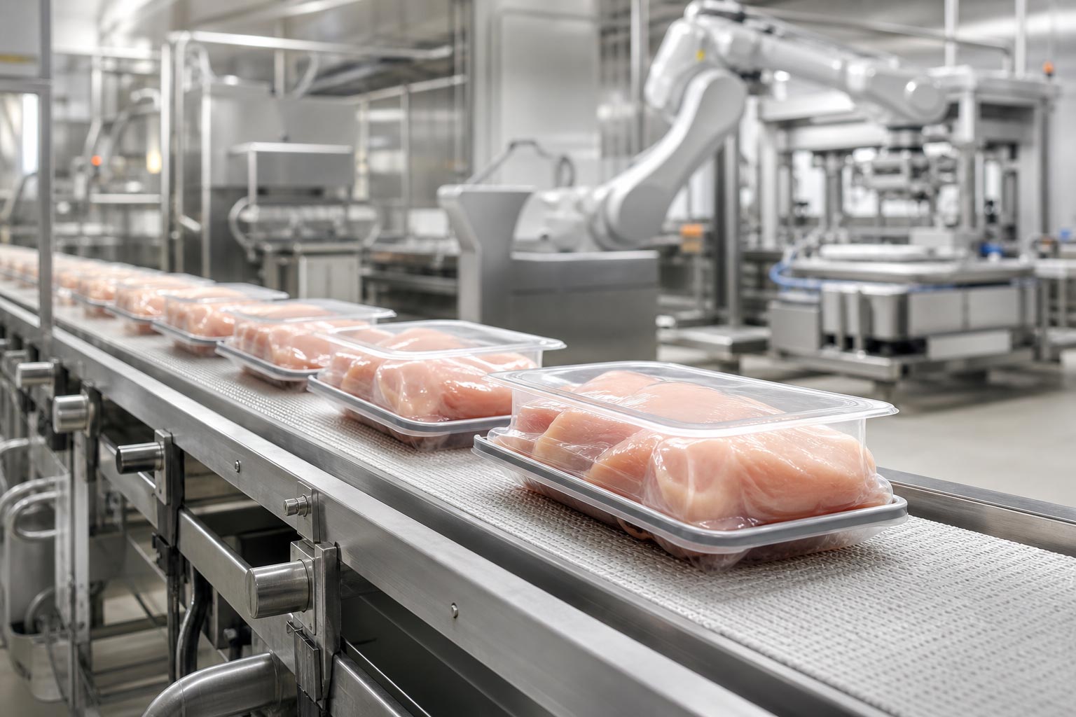 Robotic arms with a live monitoring dashboard on a Food & Beverage processing floor